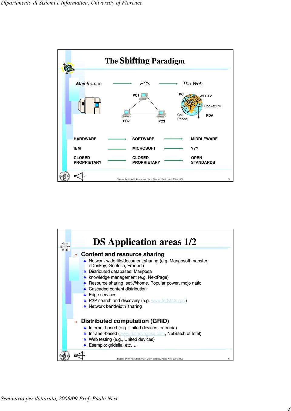 Firenze, Paolo Nesi 2008-2009 5 DS Application areas 1/2 Content and resource sharing Network-wide wide file/document sharing (e.g. Mangosoft, napster, edonkey, Gnutella, Freenet) Distributed databases: Mariposa knowledge management (e.