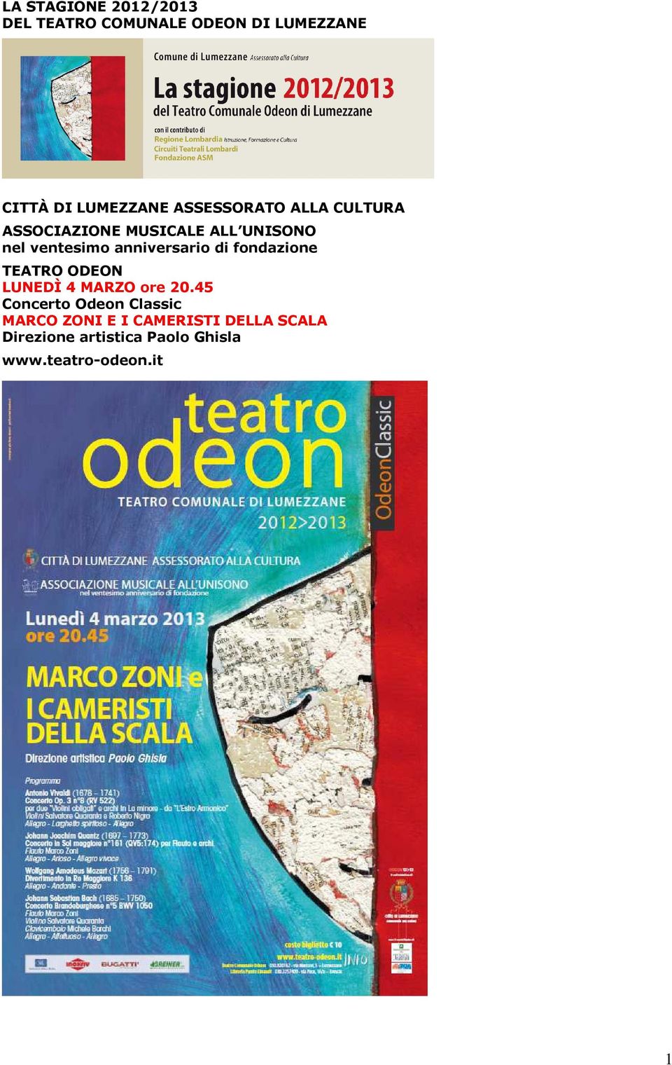 anniversario di fondazione TEATRO ODEON LUNEDÌ 4 MARZO ore 20.