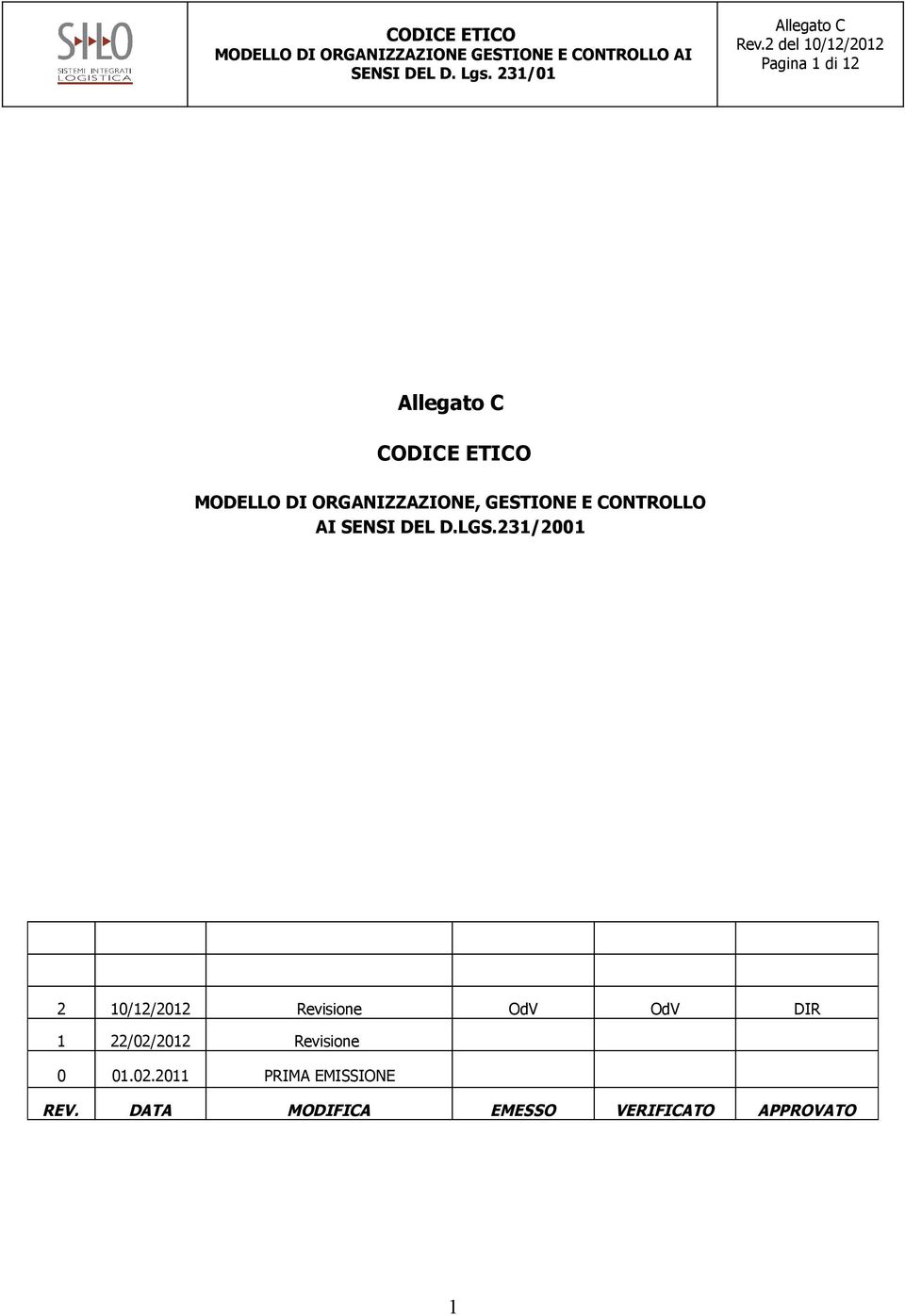 231/2001 2 10/12/2012 Revisione OdV OdV DIR 1 22/02/2012