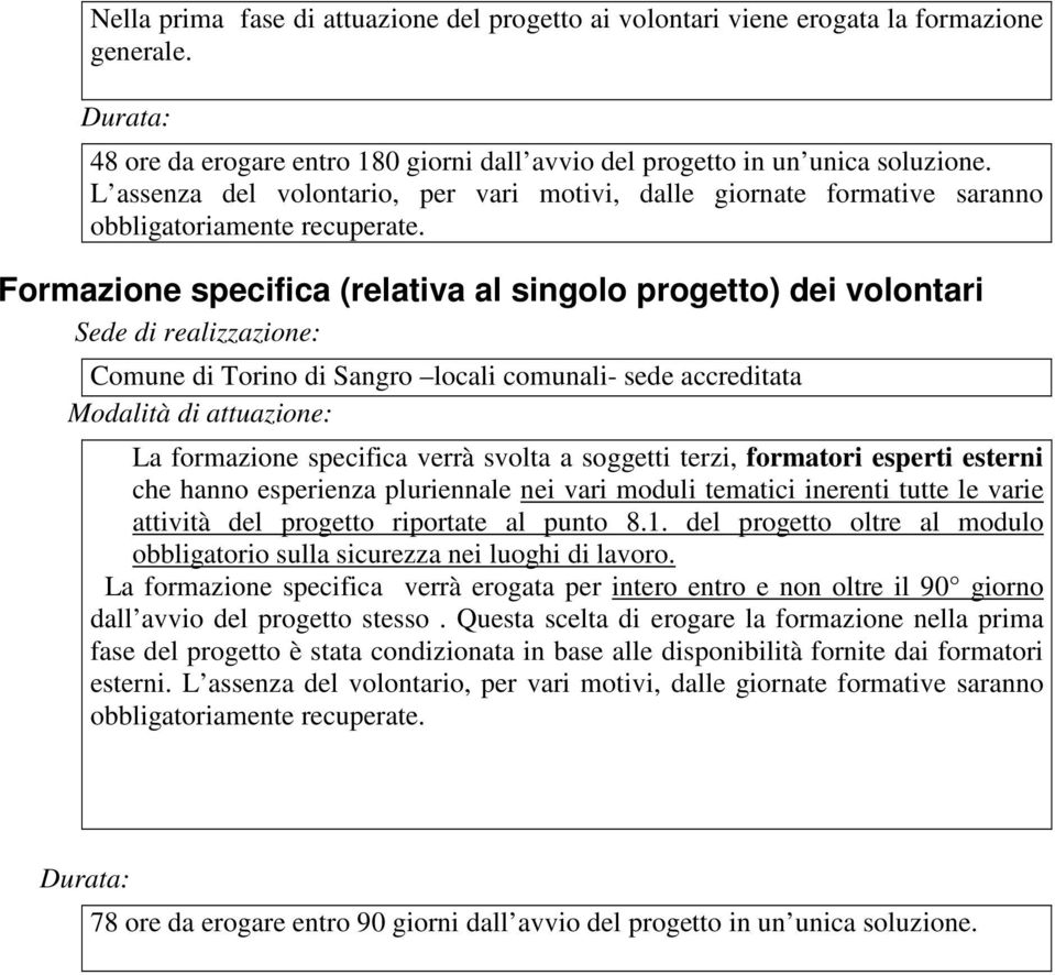 Formazione specifica (relativa al singolo progetto) dei volontari Sede di realizzazione: Comune di Torino di Sangro locali comunali- sede accreditata Modalità di attuazione: La formazione specifica