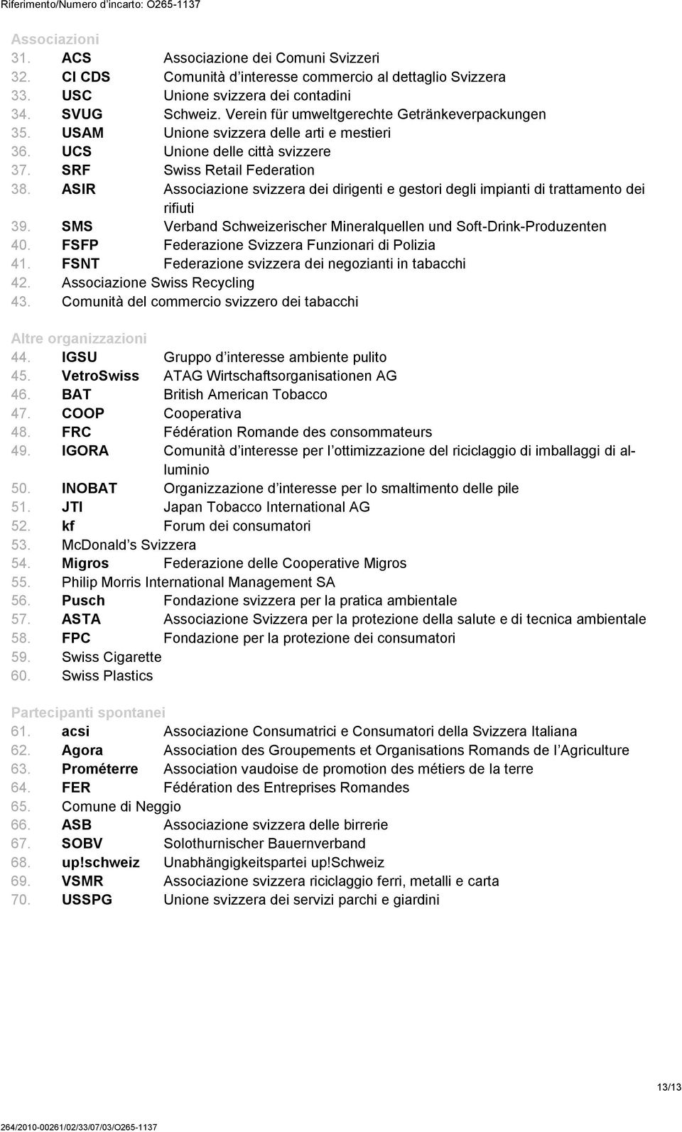 ASIR Associazione svizzera dei dirigenti e gestori degli impianti di trattamento dei rifiuti 39. SMS Verband Schweizerischer Mineralquellen und Soft-Drink-Produzenten 40.