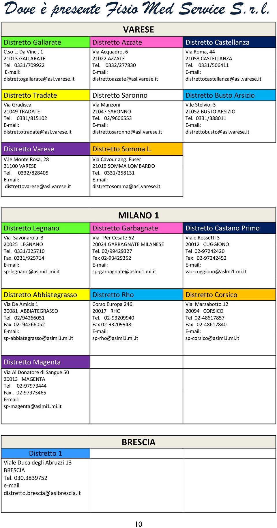 0331/815102 distrettotradate@asl.varese.it Via Manzoni 21047 SARONNO Tel. 02/9606553 distrettosaronno@asl.varese.it Distretto Varese Distretto Somma L. V.le Monte Rosa, 28 21100 VARESE Tel.