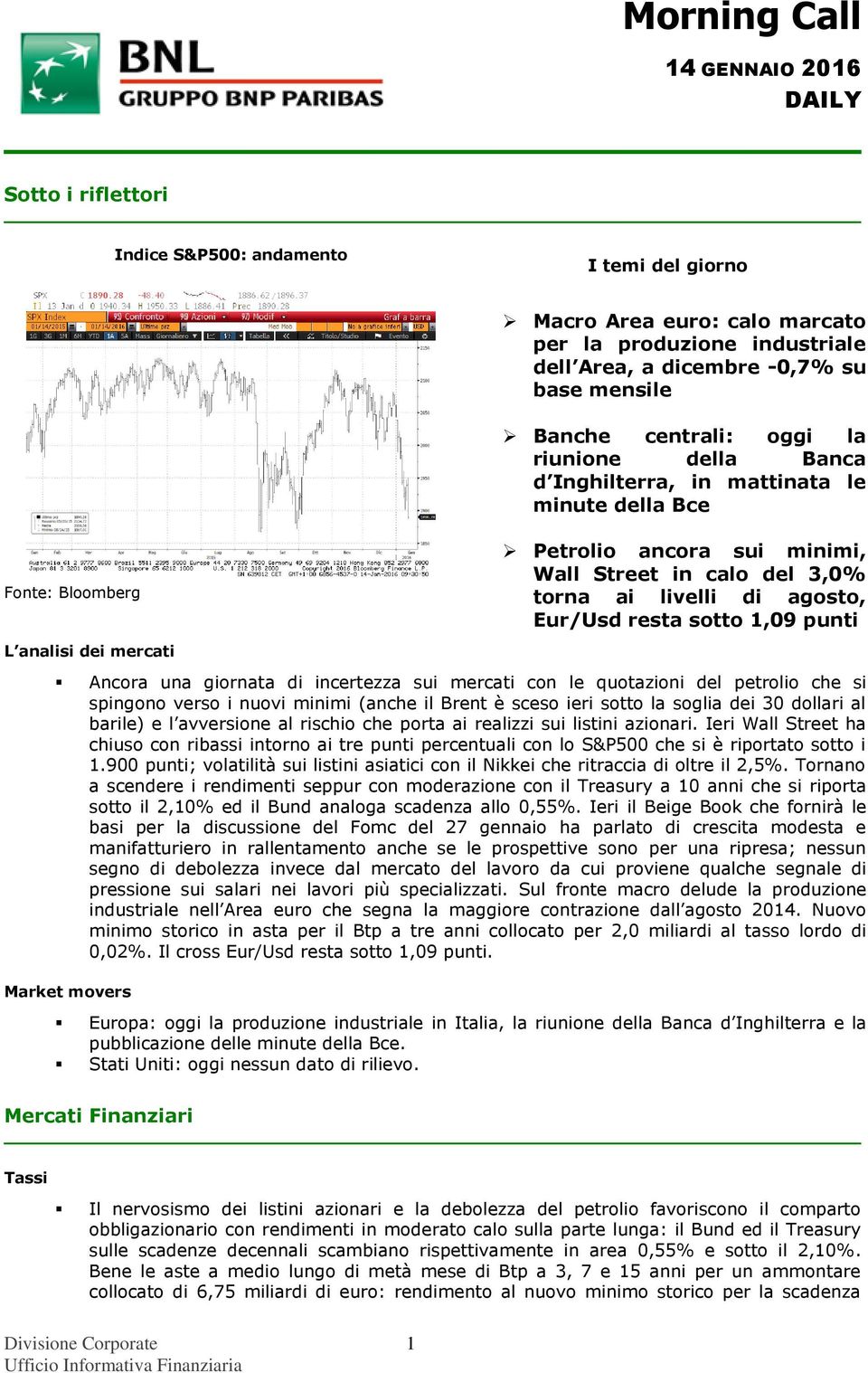 1,09 punti L analisi dei mercati Ancora una giornata di incertezza sui mercati con le quotazioni del petrolio che si spingono verso i nuovi minimi (anche il Brent è sceso ieri sotto la soglia dei 30