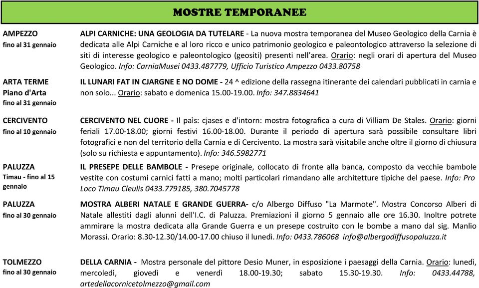 di siti di interesse geologico e paleontologico (geositi) presenti nell area. Orario: negli orari di apertura del Museo Geologico. Info: CarniaMusei 0433.487779, Ufficio Turistico Ampezzo 0433.