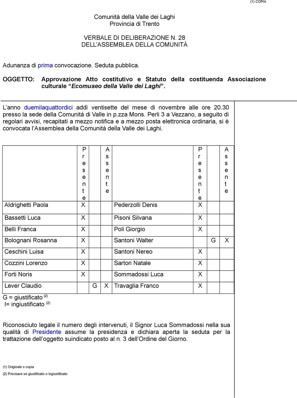 Prli 3 a Vzzao, a guio di rgolari avvii, rcapiai a mzzo oifica a mzzo poa lroica ordiaria, i è covocaa l Ambla dlla Comuià dlla Vall di Laghi.