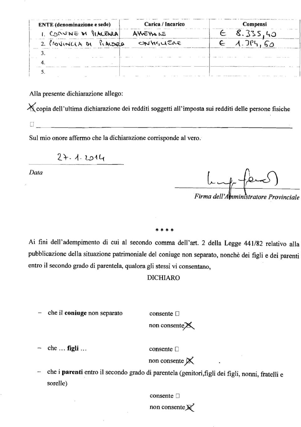 situazione patrimoniale del coniuge non separato, nonchè dei figli e dei parenti entro il secondo grado di parentela, qualora gli stessi vi consentano, DCHARO - che il coniuge non