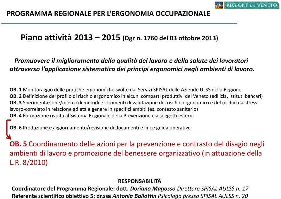 OB. 1 Monitoraggio delle pratiche ergonomiche svolte dai Servizi SPISAL delle Aziende ULSS della Regione OB.