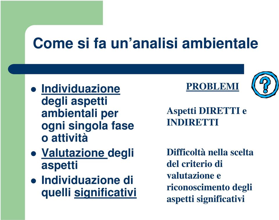 di quelli significativi PROBLEMI Aspetti DIRETTI e INDIRETTI Difficoltà