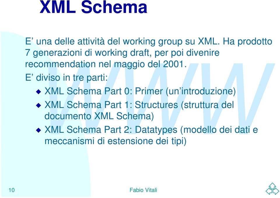 2001. E diviso in tre parti: XML Schema Part 0: Primer (un introduzione) XML Schema Part 1: