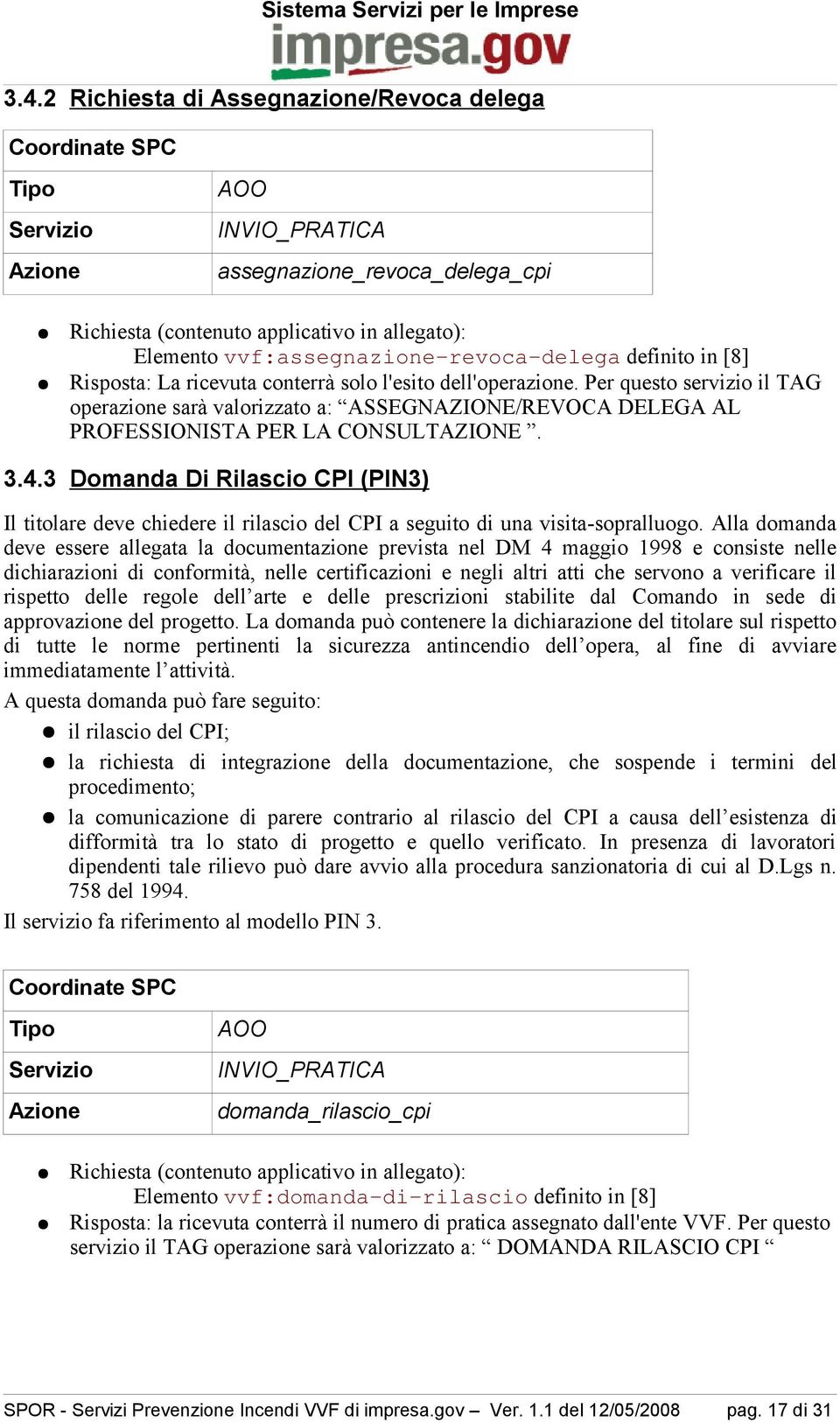 3 Domanda Di Rilascio CPI (PIN3) Il titolare deve chiedere il rilascio del CPI a seguito di una visita-sopralluogo.