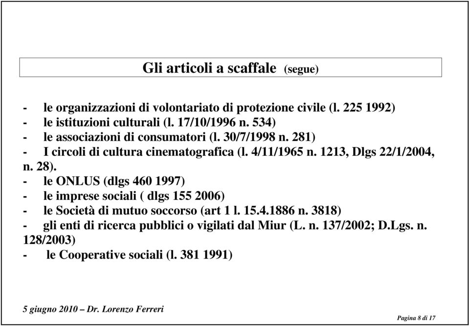 1213, Dlgs 22/1/2004, n. 28). - le ONLUS (dlgs 460 1997) - le imprese sociali ( dlgs 155 2006) - le Società di mutuo soccorso (art 1 l. 15.4.1886 n.