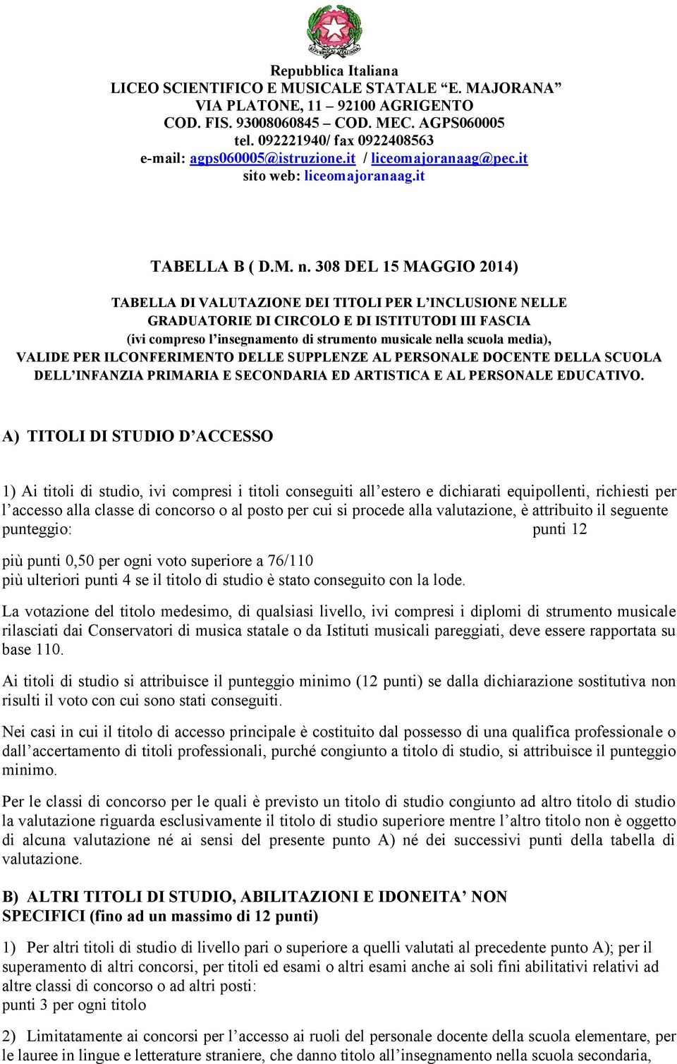 media), VALIDE PER ILCONFERIMENTO DELLE SUPPLENZE AL PERSONALE DOCENTE DELLA SCUOLA DELL INFANZIA PRIMARIA E SECONDARIA ED ARTISTICA E AL PERSONALE EDUCATIVO.