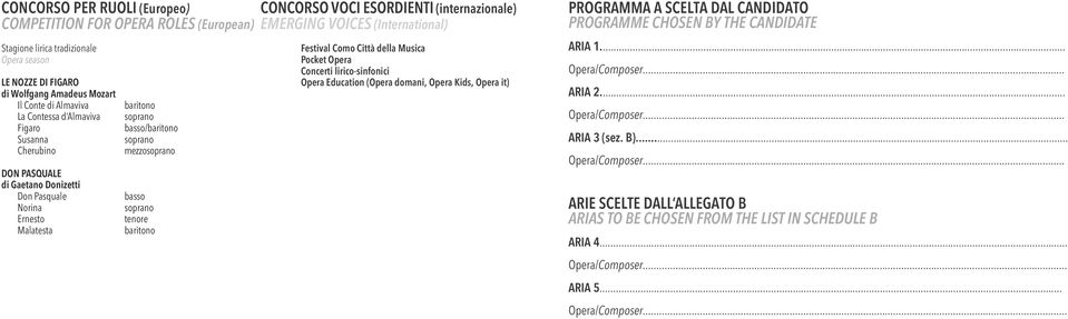 VOICES (International) Festival Como Città della Musica Pocket Opera Concerti lirico-sinfonici Opera Education (Opera domani, Opera Kids, Opera it) PROGRAMMA A SCELTA DAL CANDIDATO PROGRAMME CHOSEN