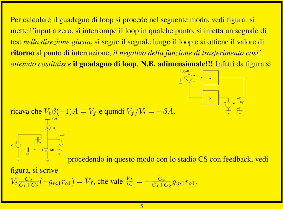 cosi ottenuto costituisce il guadagno di loop. N.B. adimensionale!!! Infatti da figura si X(s)=0 A ricava che V t β(1)a = V f e quindi V f /V t = βa.