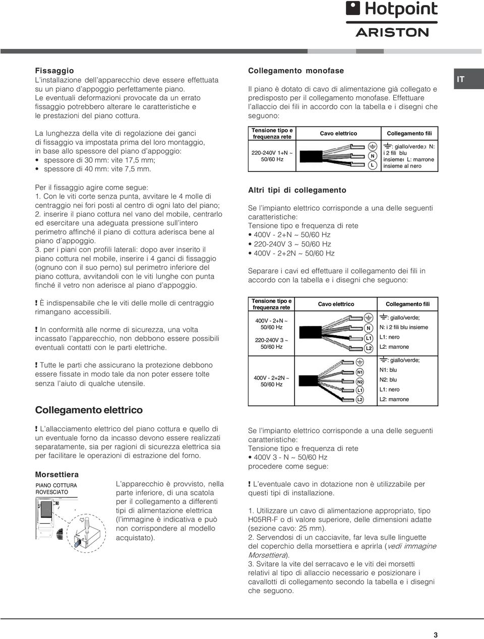 Collegamento monofase Il piano è dotato di cavo di alimentazione già collegato e predisposto per il collegamento monofase.