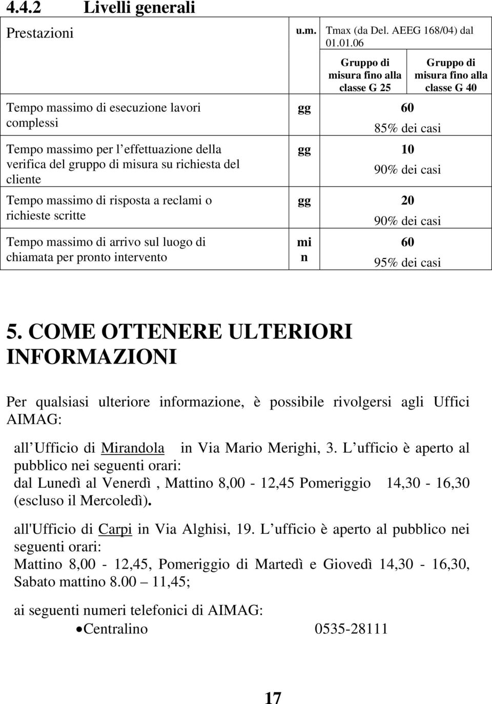 01.06 Gruppo di misura fino alla classe G 25 gg 60 85% dei casi gg 10 90% dei casi gg 20 90% dei casi mi 60 n 95% dei casi Gruppo di misura fino alla classe G 40 5.