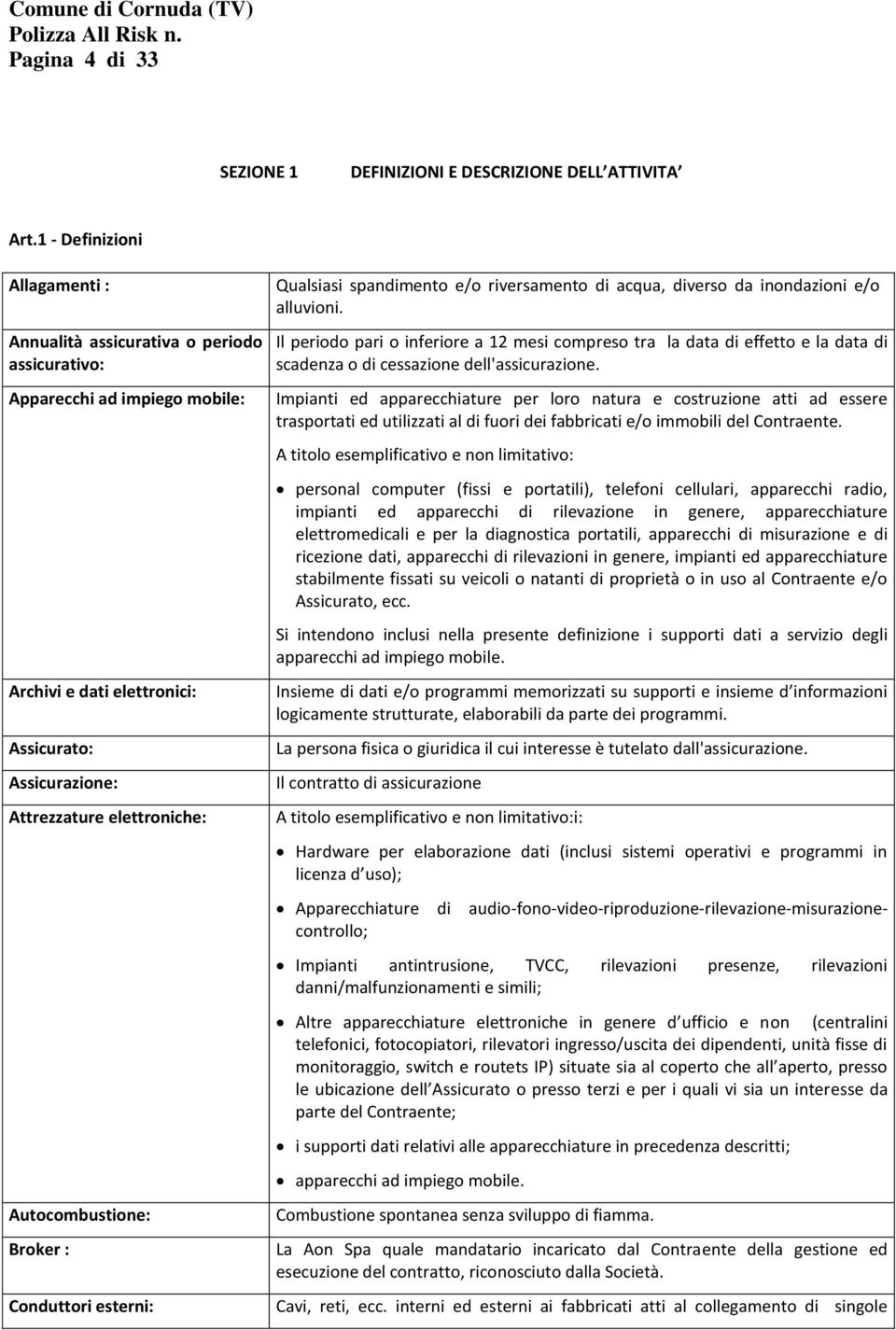 Autocombustione: Broker : Conduttori esterni: Qualsiasi spandimento e/o riversamento di acqua, diverso da inondazioni e/o alluvioni.