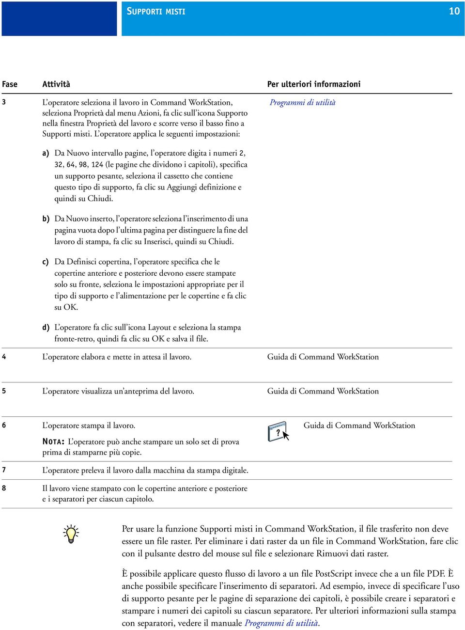 L operatore applica le seguenti impostazioni: Programmi di utilità a) Da Nuovo intervallo pagine, l operatore digita i numeri 2, 32, 64, 98, 124 (le pagine che dividono i capitoli), specifica un