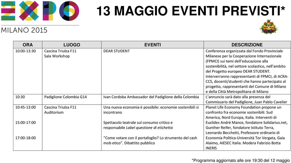 Interverranno rappresentanti di FPMCI, di ACRA- CCS, docenti/studenti che hanno partecipato al progetto, rappresentanti del Comune di Milano e della Città Metropolitana di Milano 10:30 Padiglione