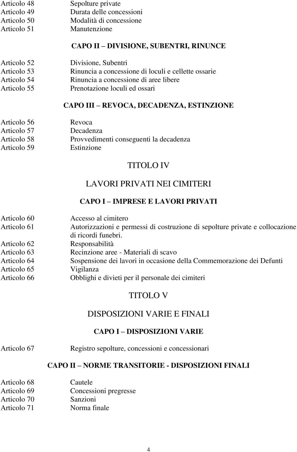 Articolo 56 Articolo 57 Articolo 58 Articolo 59 Revoca Decadenza Provvedimenti conseguenti la decadenza Estinzione TITOLO IV LAVORI PRIVATI NEI CIMITERI CAPO I IMPRESE E LAVORI PRIVATI Articolo 60