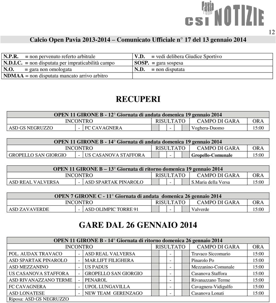 = non disputata NDMAA = non disputata mancato arrivo arbitro RECUPERI OPEN 11 GIRONE B - 12 Giornata di andata domenica 19 gennaio 2014 ASD GS NEGRUZZO - FC CAVAGNERA - Voghera-Duomo 15:00 OPEN 11