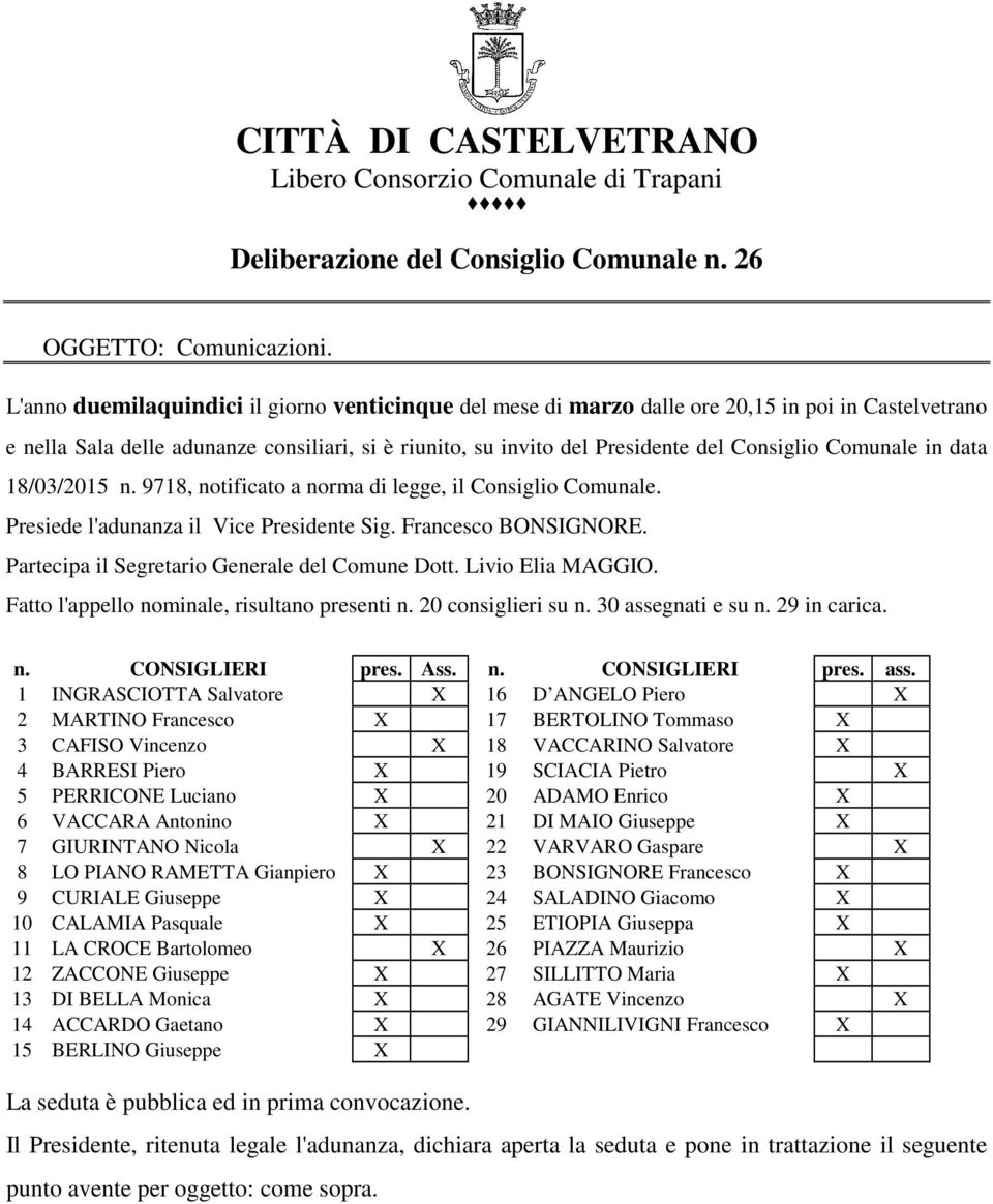 Comunale in data 18/03/2015 n. 9718, notificato a norma di legge, il Consiglio Comunale. Presiede l'adunanza il Vice Presidente Sig. Francesco BONSIGNORE.