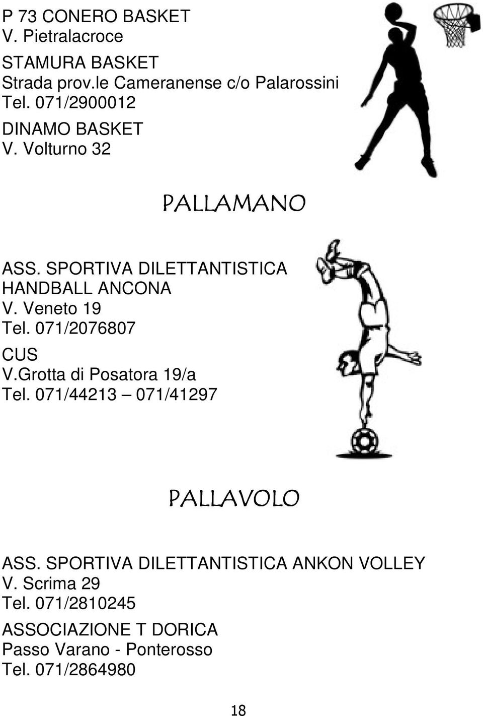 Veneto 19 Tel. 071/2076807 CUS V.Grotta di Posatora 19/a Tel. 071/44213 071/41297 PALLAVOLO ASS.