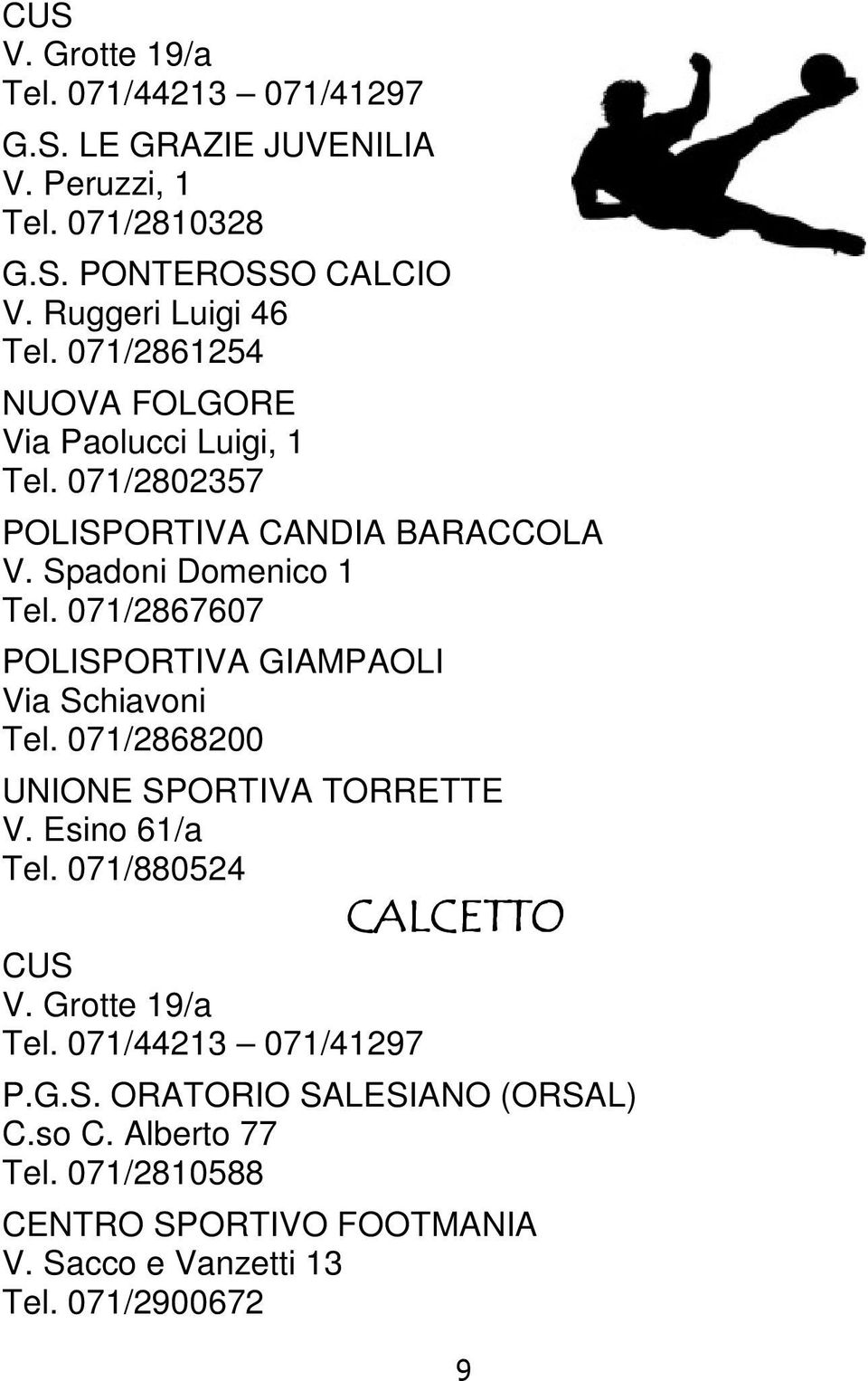 071/2867607 POLISPORTIVA GIAMPAOLI Via Schiavoni Tel. 071/2868200 UNIONE SPORTIVA TORRETTE V. Esino 61/a Tel. 071/880524 CUS V. Grotte 19/a Tel.