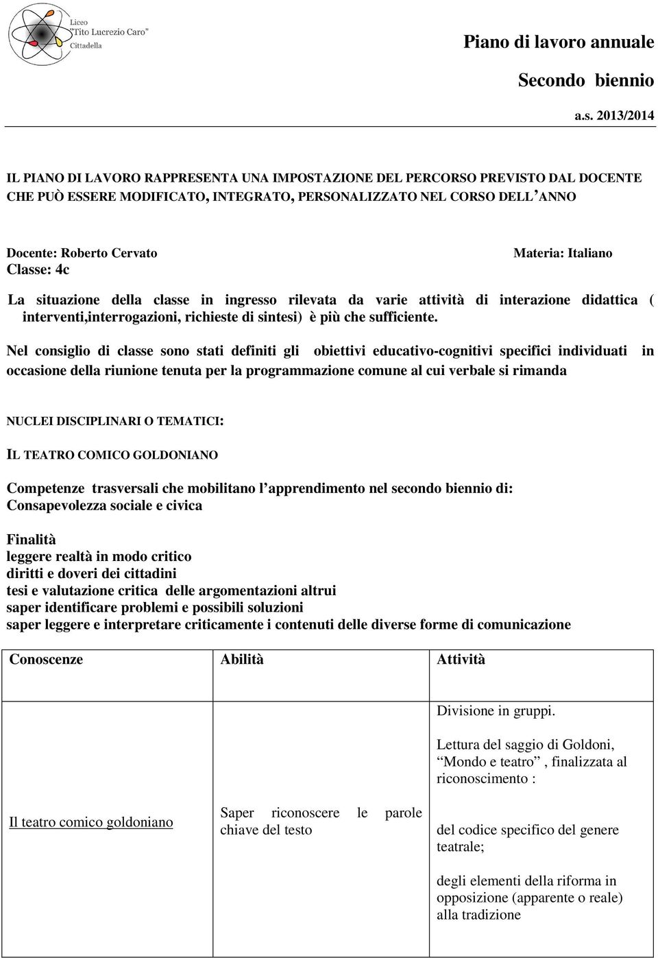 4c Materia: Italiano La situazione della classe in ingresso rilevata da varie attività di interazione didattica ( interventi,interrogazioni, richieste di sintesi) è più che sufficiente.