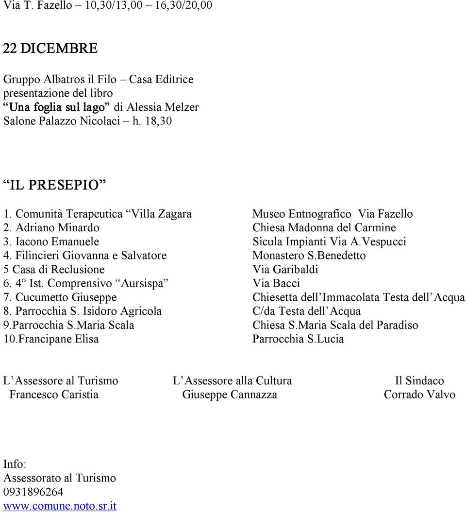 Filincieri Giovanna e Salvatore Monastero S.Benedetto 5 Casa di Reclusione Via Garibaldi 6. 4 Ist. Comprensivo Aursispa Via Bacci 7. Cucumetto Giuseppe Chiesetta dell Immacolata Testa dell Acqua 8.