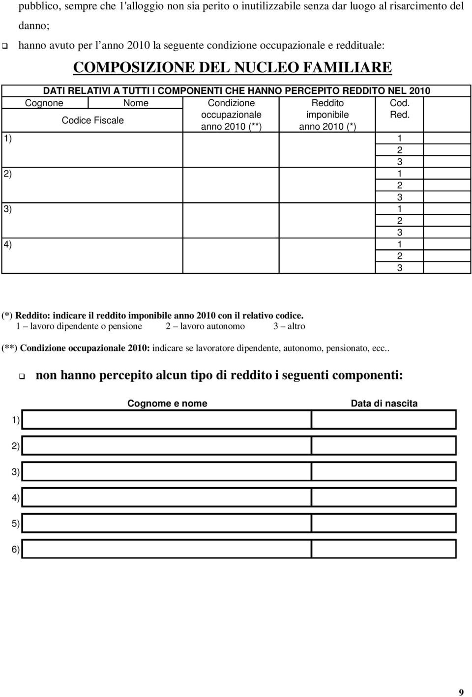 Codice Fiscale anno 2010 (**) anno 2010 (*) 1) 1 2 3 2) 1 2 3 3) 1 2 3 4) 1 2 3 (*) Reddito: indicare il reddito imponibile anno 2010 con il relativo codice.