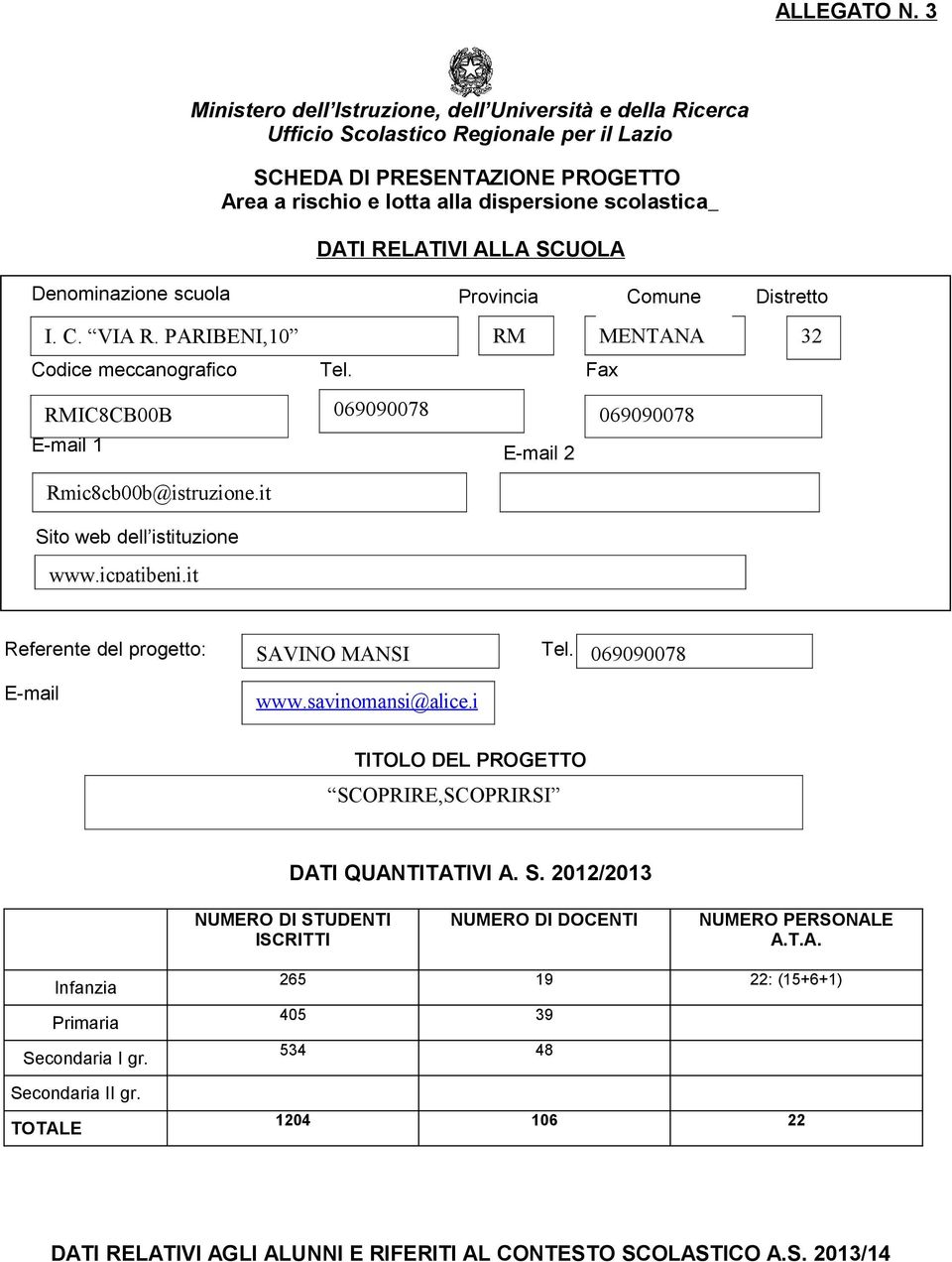 RELATIVI ALLA SCUOLA Denominazione scuola Provincia Comune Distretto I. C. VIA R. PARIBENI,10 RM Codice meccanografico Tel.