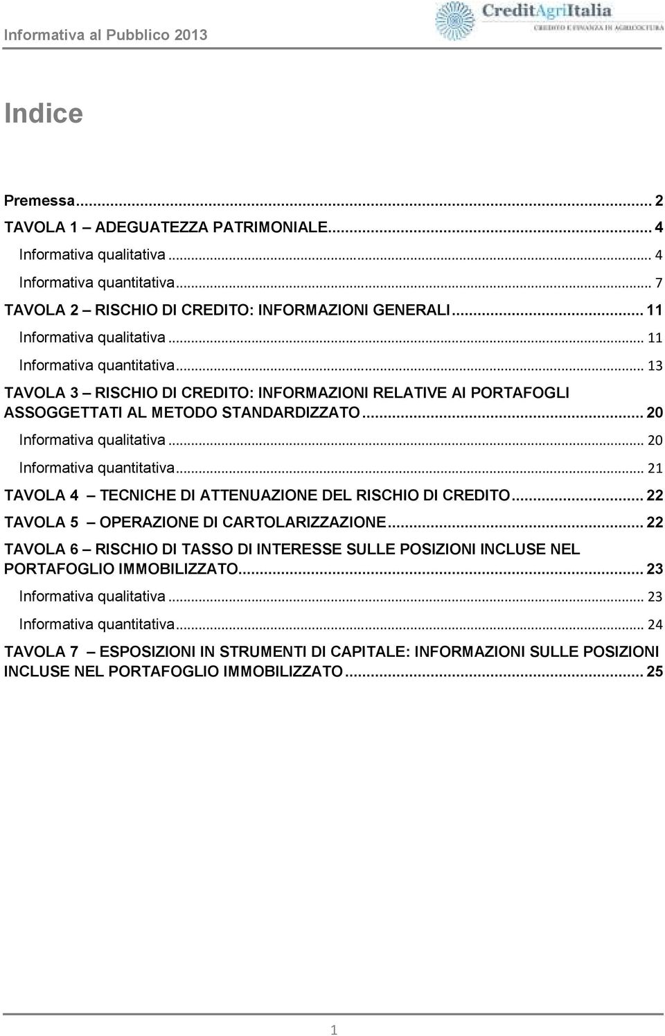 .. 21 TAVOLA 4 TECNICHE DI ATTENUAZIONE DEL RISCHIO DI CREDITO... 22 TAVOLA 5 OPERAZIONE DI CARTOLARIZZAZIONE.