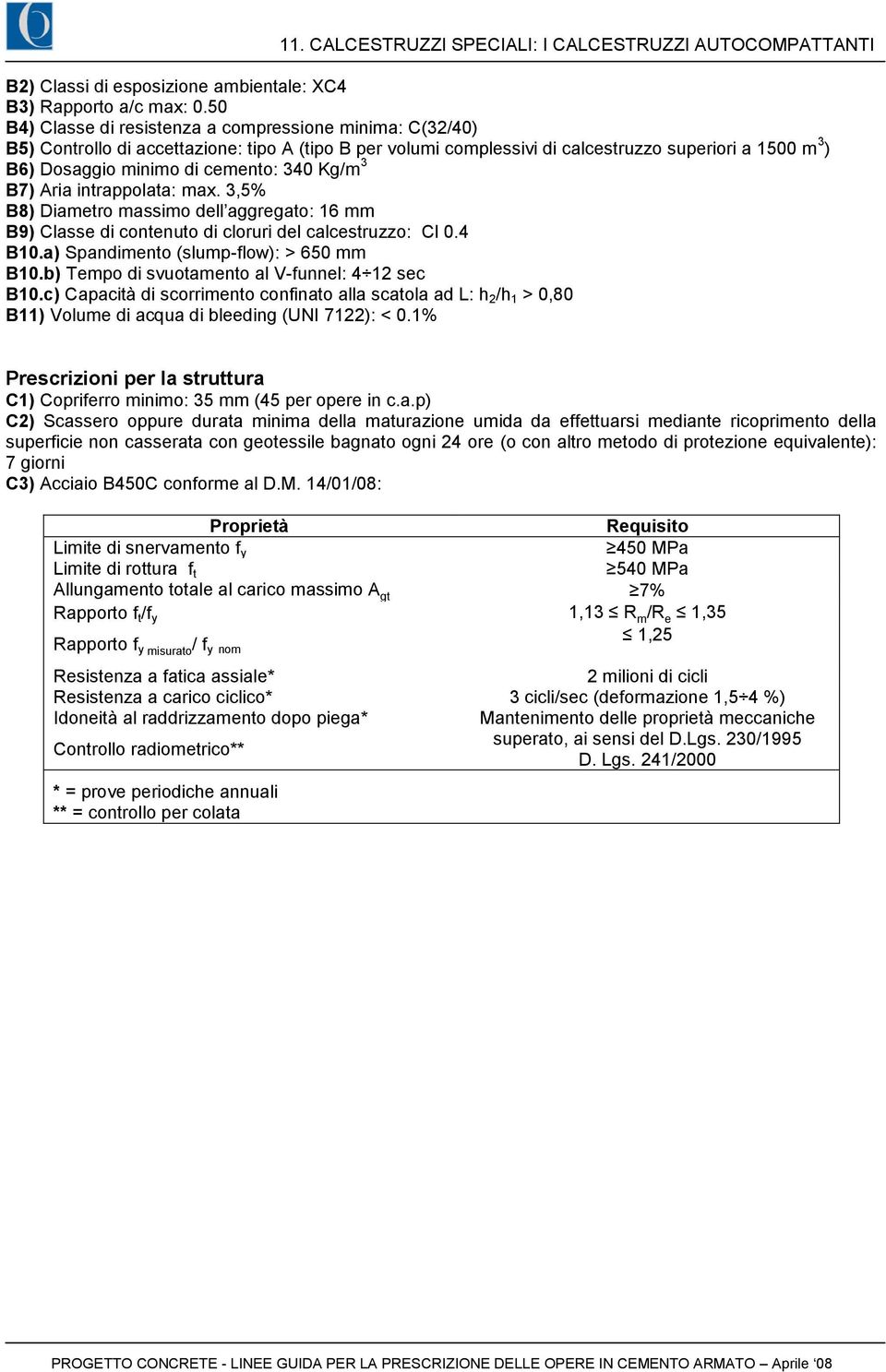 340 Kg/m 3 B7) Aria intrappolata: max. 3,5% B8) Diametro massimo dell aggregato: 16 mm B9) Classe di contenuto di cloruri del calcestruzzo: Cl 0.4 B10.a) Spandimento (slump-flow): > 650 mm B10.