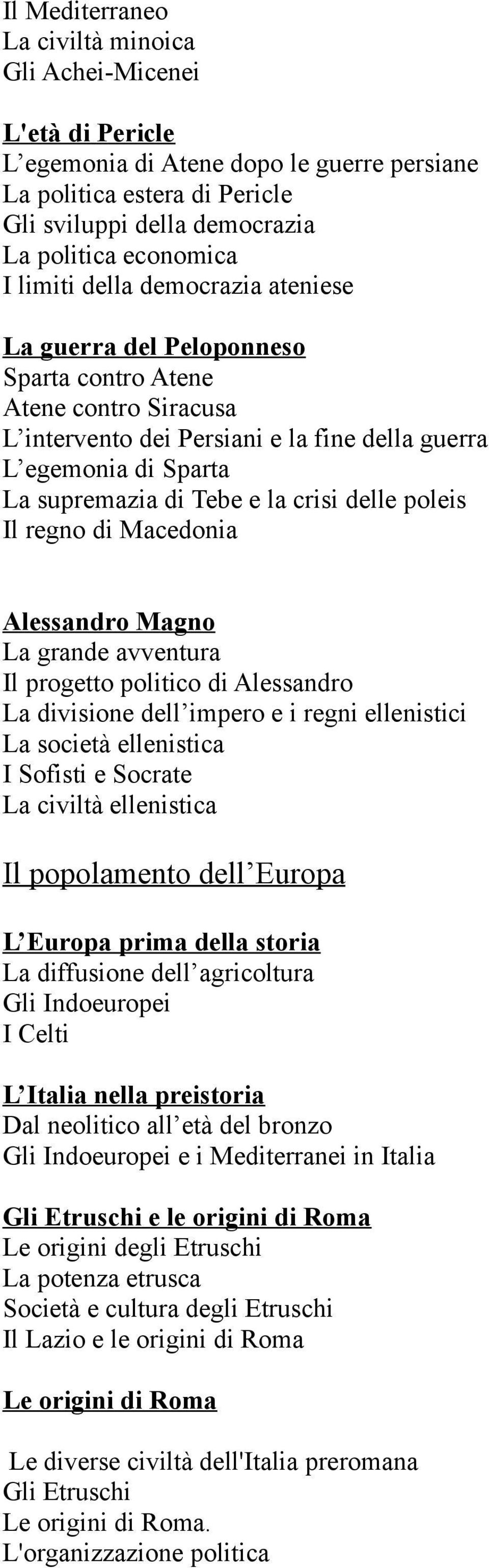 Il regn di Macednia Alessandr Magn La grande avventura Il prgett plitic di Alessandr La divisine dell imper e i regni ellenistici La scietà ellenistica I Sfisti e Scrate La civiltà ellenistica Il