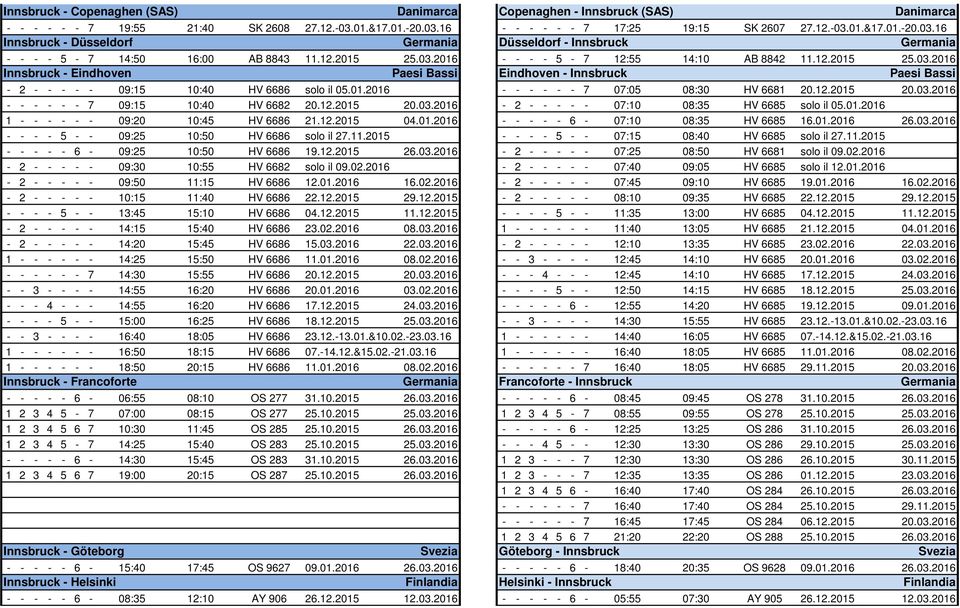 12.2015 25.03.2016 Innsbruck - Eindhoven Paesi Bassi Eindhoven - Innsbruck Paesi Bassi - 2 - - - - - 09:15 10:40 HV 6686 solo il 05.01.2016 - - - - - - 7 07:05 08:30 HV 6681 20.12.2015 20.03.2016 - - - - - - 7 09:15 10:40 HV 6682 20.