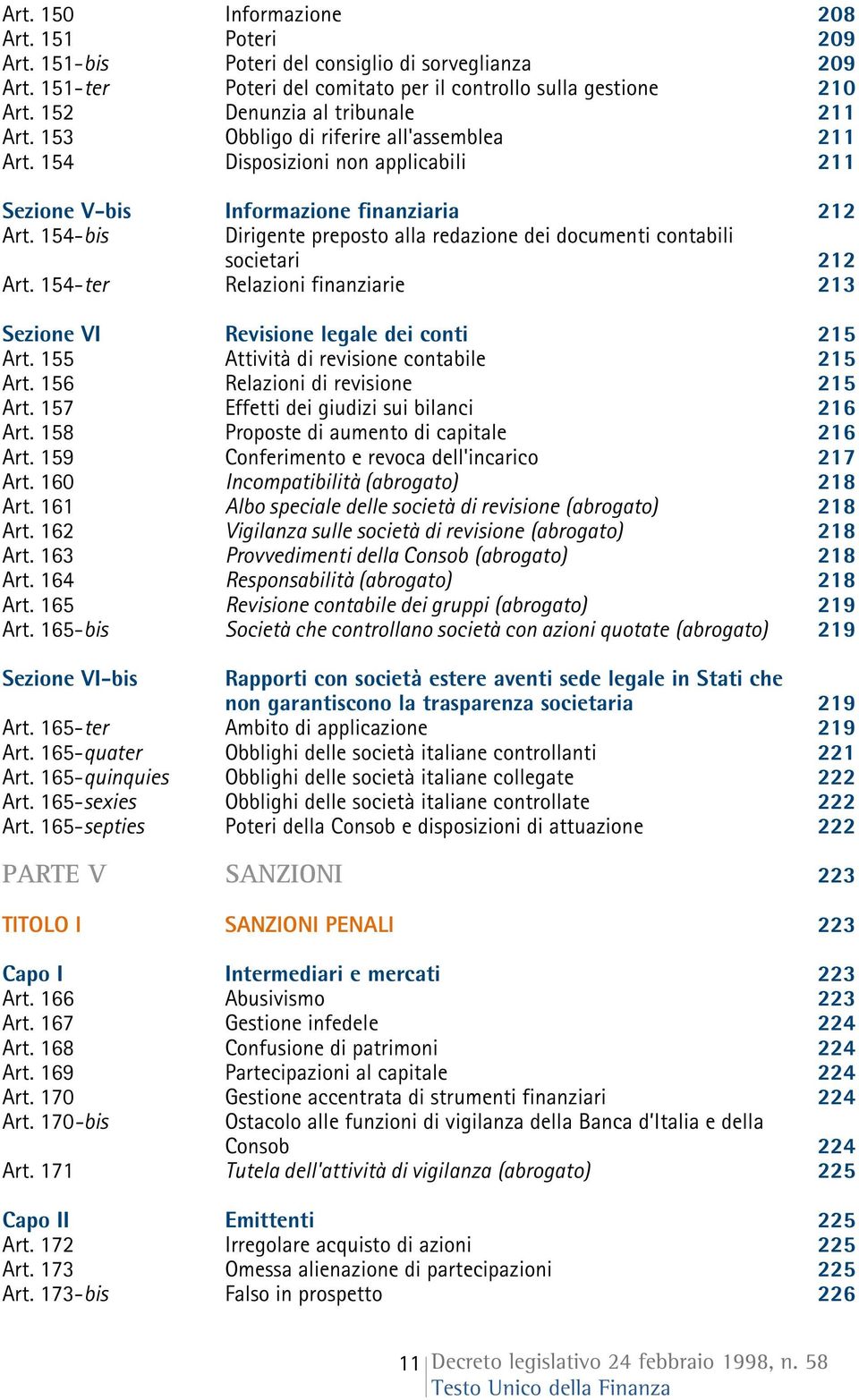 154-bis Dirigente preposto alla redazione dei documenti contabili societari 212 Art. 154-ter Relazioni finanziarie 213 Sezione VI Revisione legale dei conti 215 Art.