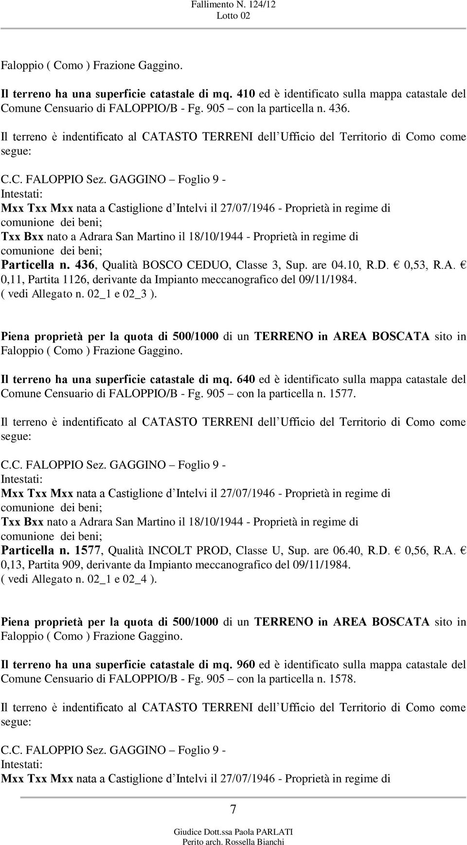 Piena proprietà per la quota di 500/1000 di un TERRENO in AREA BOSCATA sito in Il terreno ha una superficie catastale di mq.