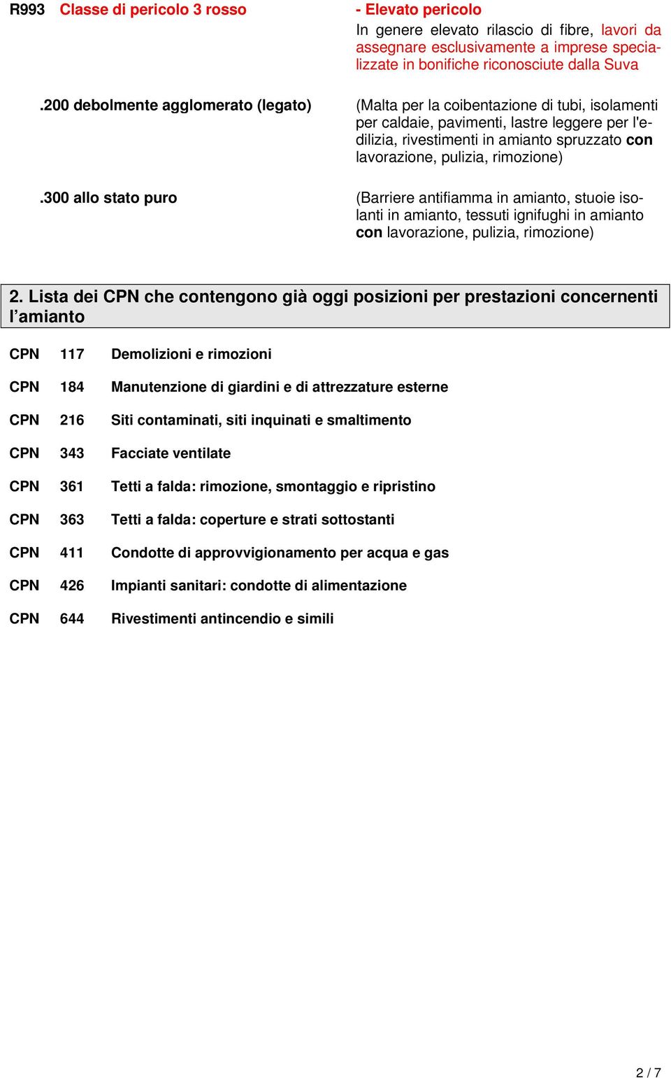 rimozione).300 allo stato puro (Barriere antifiamma in amianto, stuoie isolanti in amianto, tessuti ignifughi in amianto con lavorazione, pulizia, rimozione) 2.