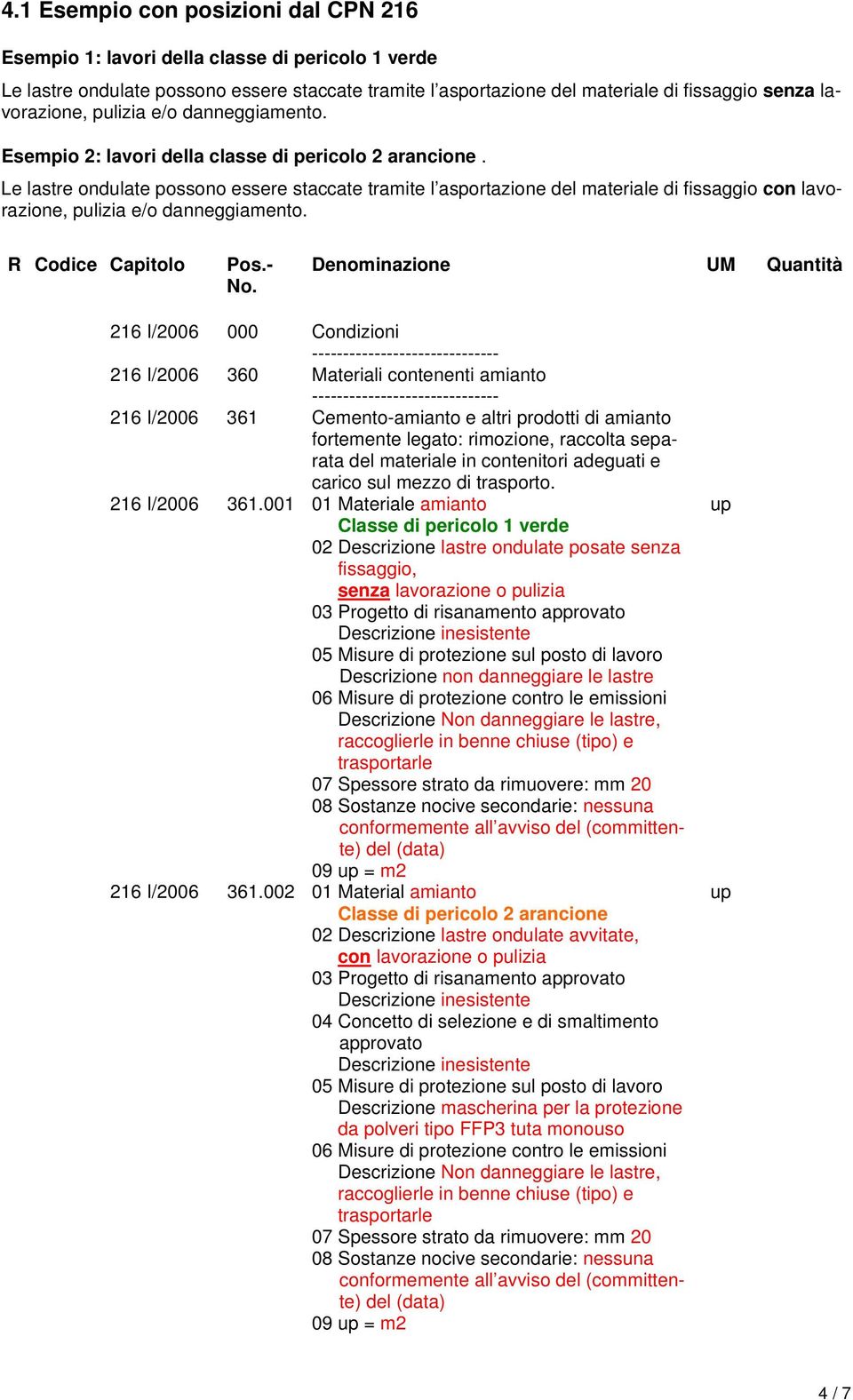 Esempio 2: lavori della classe di pericolo 2 arancione. Le lastre ondulate possono essere staccate tramite l asportazione del materiale di fissaggio con lavorazione, R Codice Capitolo Pos.- No.