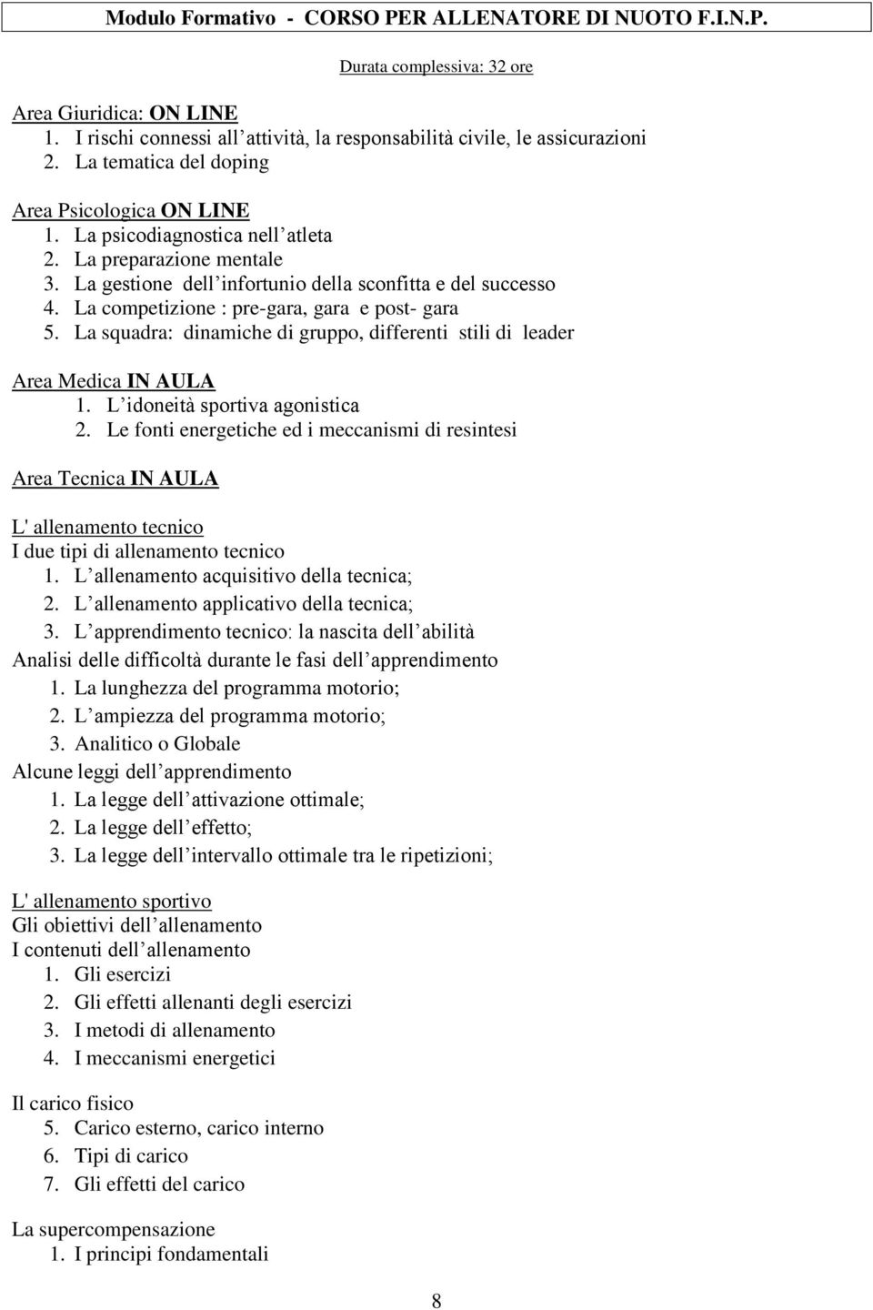 La competizione : pre-gara, gara e post- gara 5. La squadra: dinamiche di gruppo, differenti stili di leader Area Medica IN AULA 1. L idoneità sportiva agonistica 2.