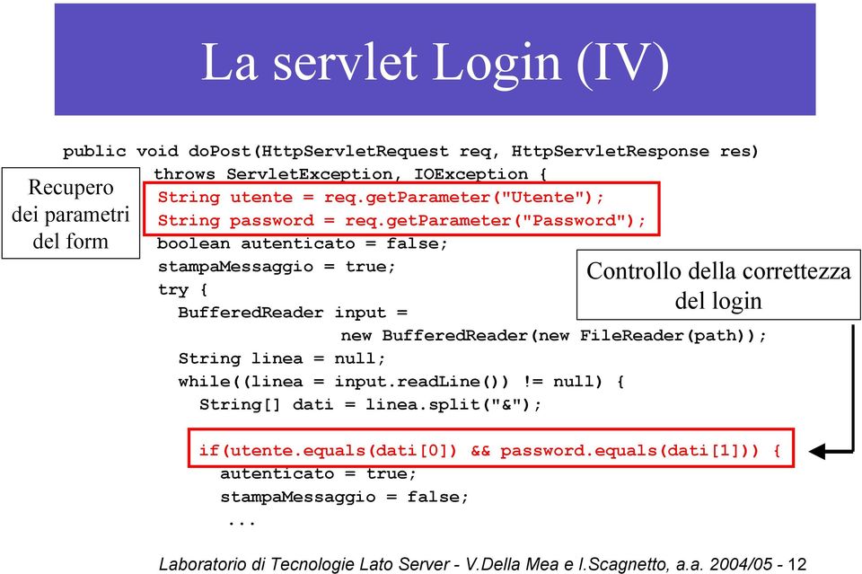 getparameter("password"); boolean autenticato = false; Recupero dei parametri del form stampamessaggio = true; try { BufferedReader input = Controllo della correttezza del