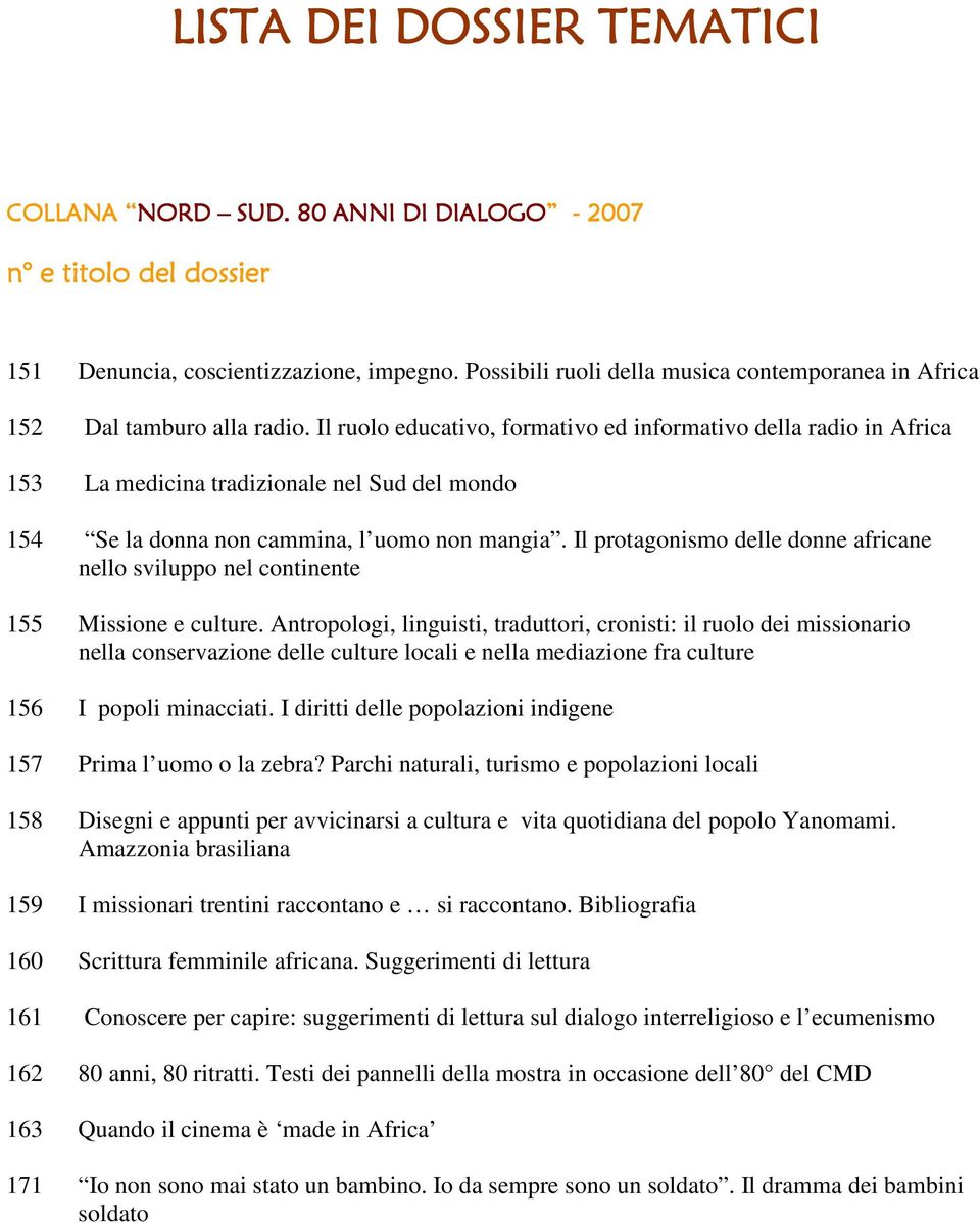 Il ruolo educativo, formativo ed informativo della radio in Africa 153 La medicina tradizionale nel Sud del mondo 154 Se la donna non cammina, l uomo non mangia.