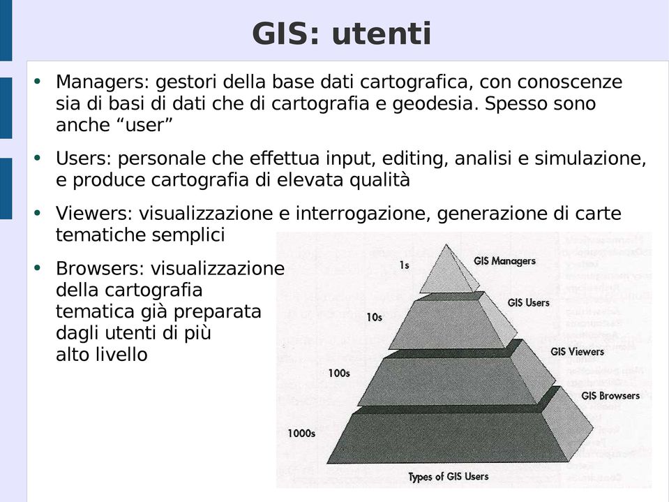 Spesso sono anche user Users: personale che effettua input, editing, analisi e simulazione, e produce