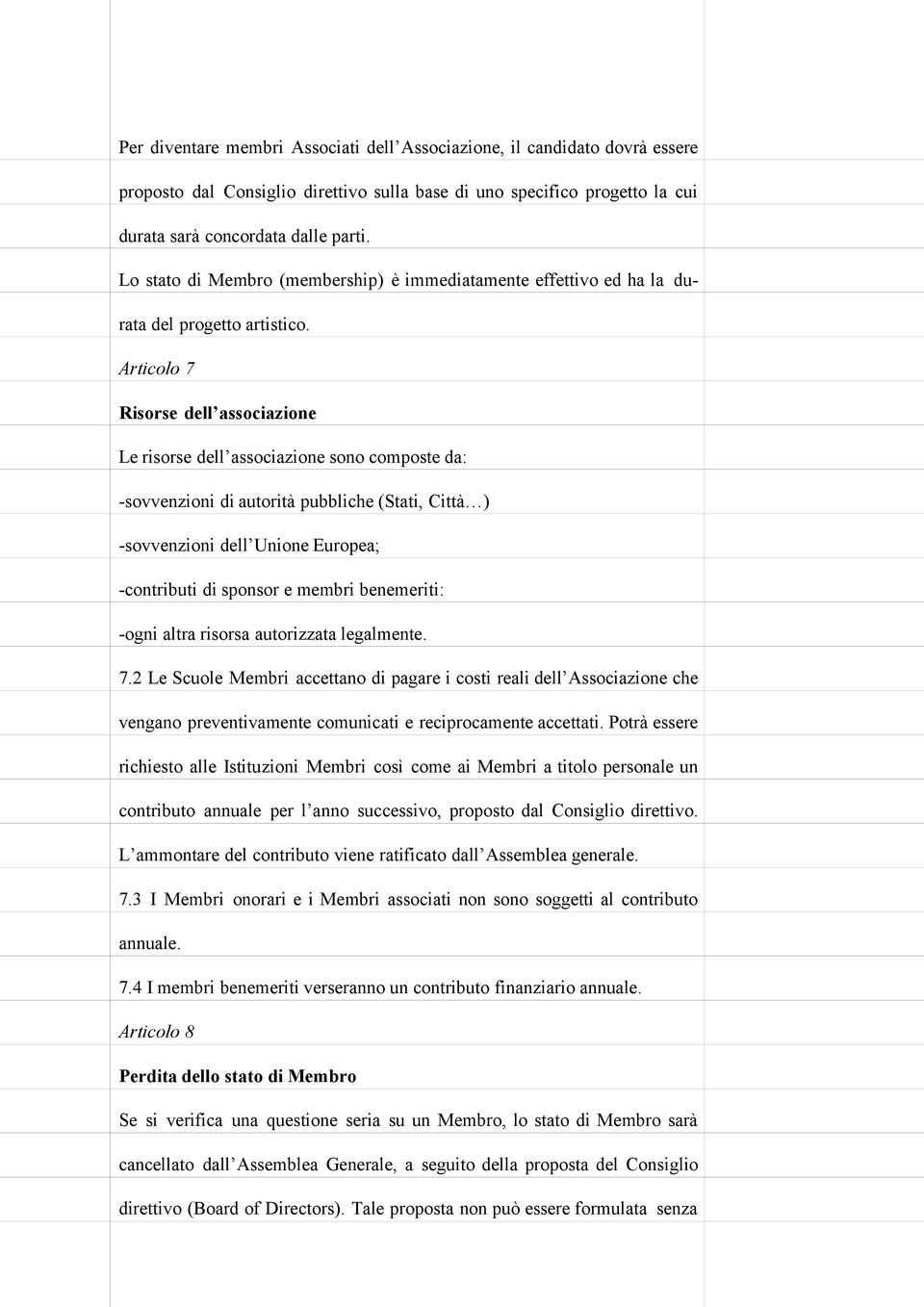 Articolo 7 Risorse dell associazione Le risorse dell associazione sono composte da: -sovvenzioni di autorità pubbliche (Stati, Città ) -sovvenzioni dell Unione Europea; -contributi di sponsor e