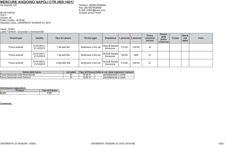 com 80133 NAPOLI Contatto presso l'hotel: Livello Tariffario: Corporate C-Contract/C08 112.00 122.