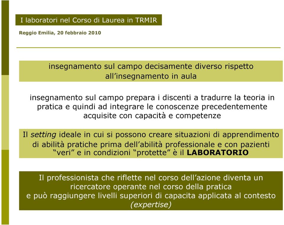 apprendimento di abilità pratiche prima dell abilità professionale e con pazienti veri e in condizioni protette è il LABORATORIO Il professionista che