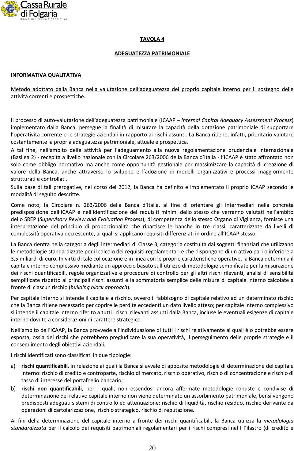 Il processo di auto-valutazione dell adeguatezza patrimoniale (ICAAP Internal Capital Adequacy Assessment Process) implementato dalla Banca, persegue la finalità di misurare la capacità della