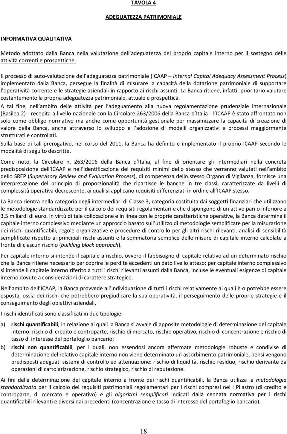 Il processo di auto-valutazione dell adeguatezza patrimoniale (ICAAP Internal Capital Adequacy Assessment Process) implementato dalla Banca, persegue la finalità di misurare la capacità della