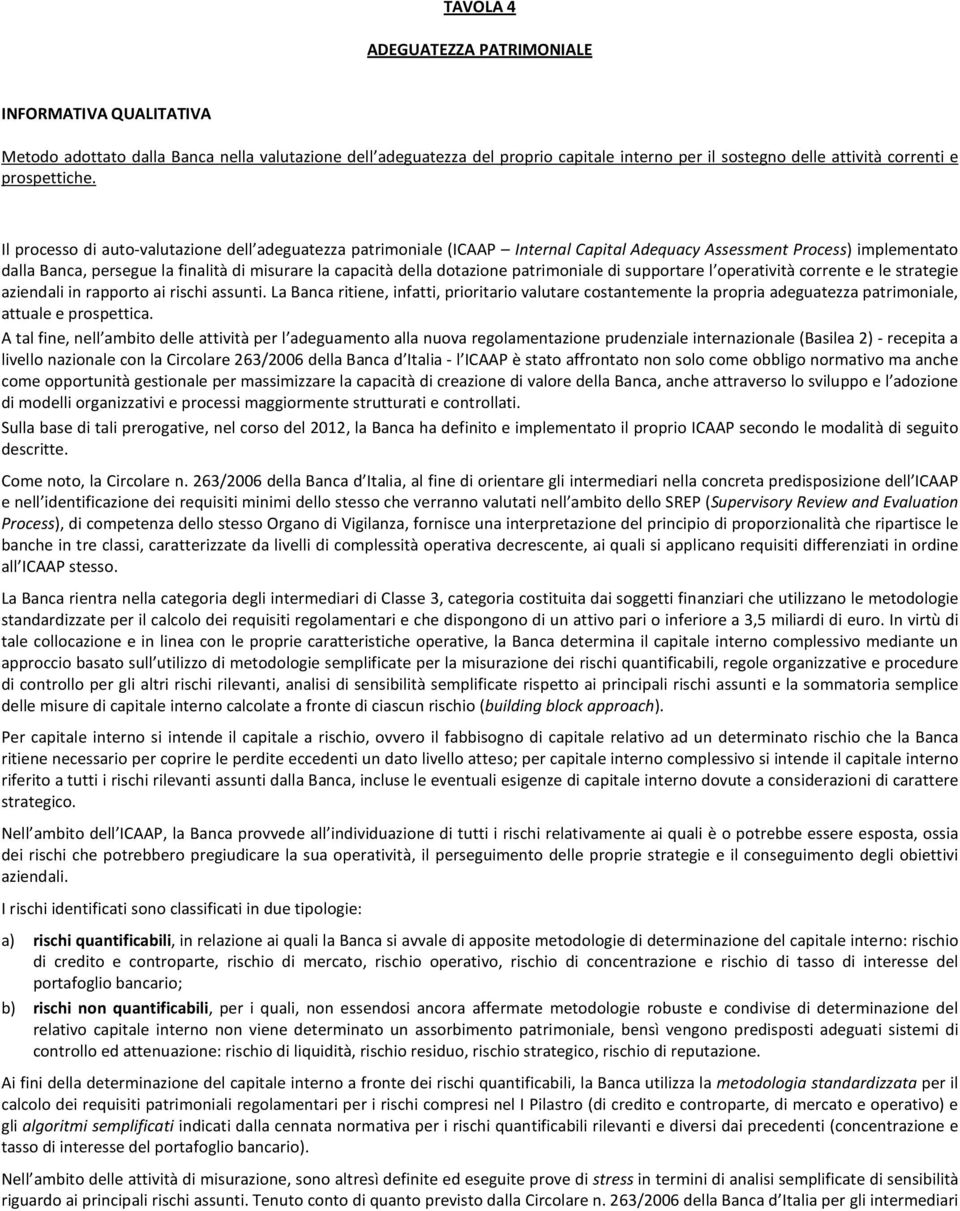 Il processo di auto-valutazione dell adeguatezza patrimoniale (ICAAP Internal Capital Adequacy Assessment Process) implementato dalla Banca, persegue la finalità di misurare la capacità della